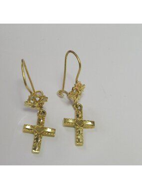 Vintage 14kt Yellow Gold Cross Dangle Earrings Diamond-cut With Heart & Floral